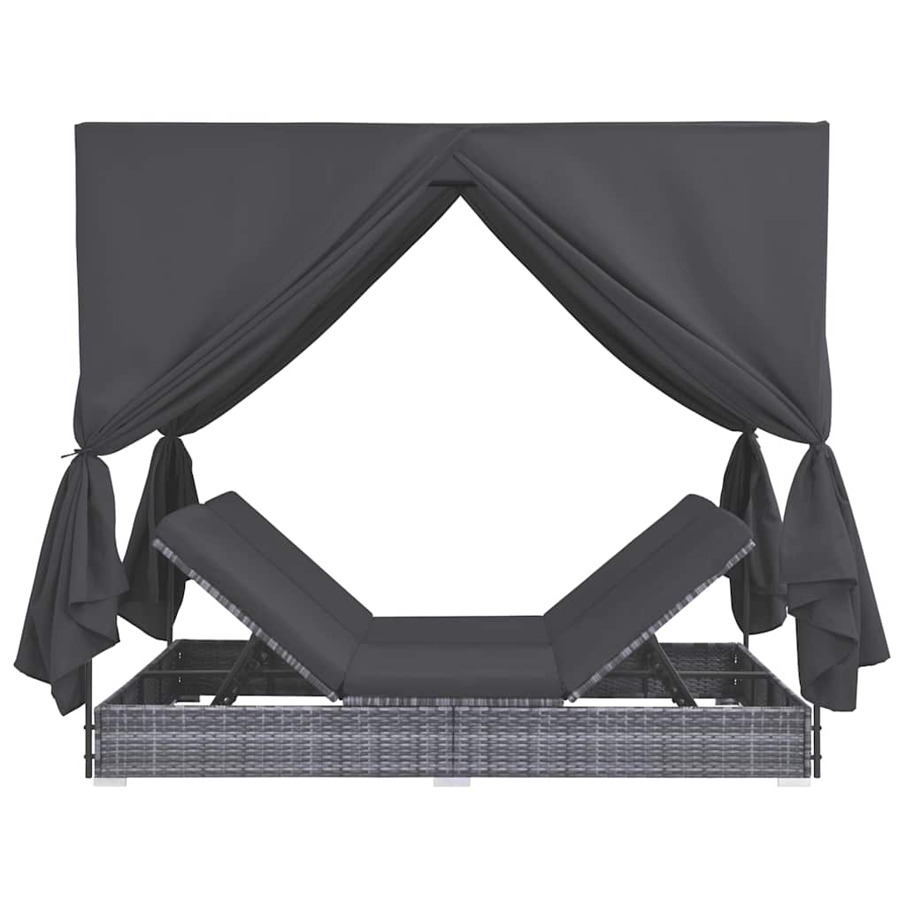 Chaise Longue D'extérieur Avec Rideaux Résine Tressée Gris