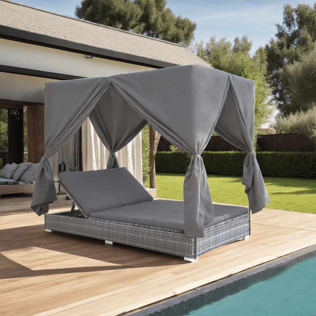 Chaise Longue D'extérieur Avec Rideaux Résine Tressée Gris