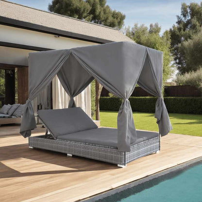 Chaise Longue D'extérieur Avec Rideaux Résine Tressée Gris